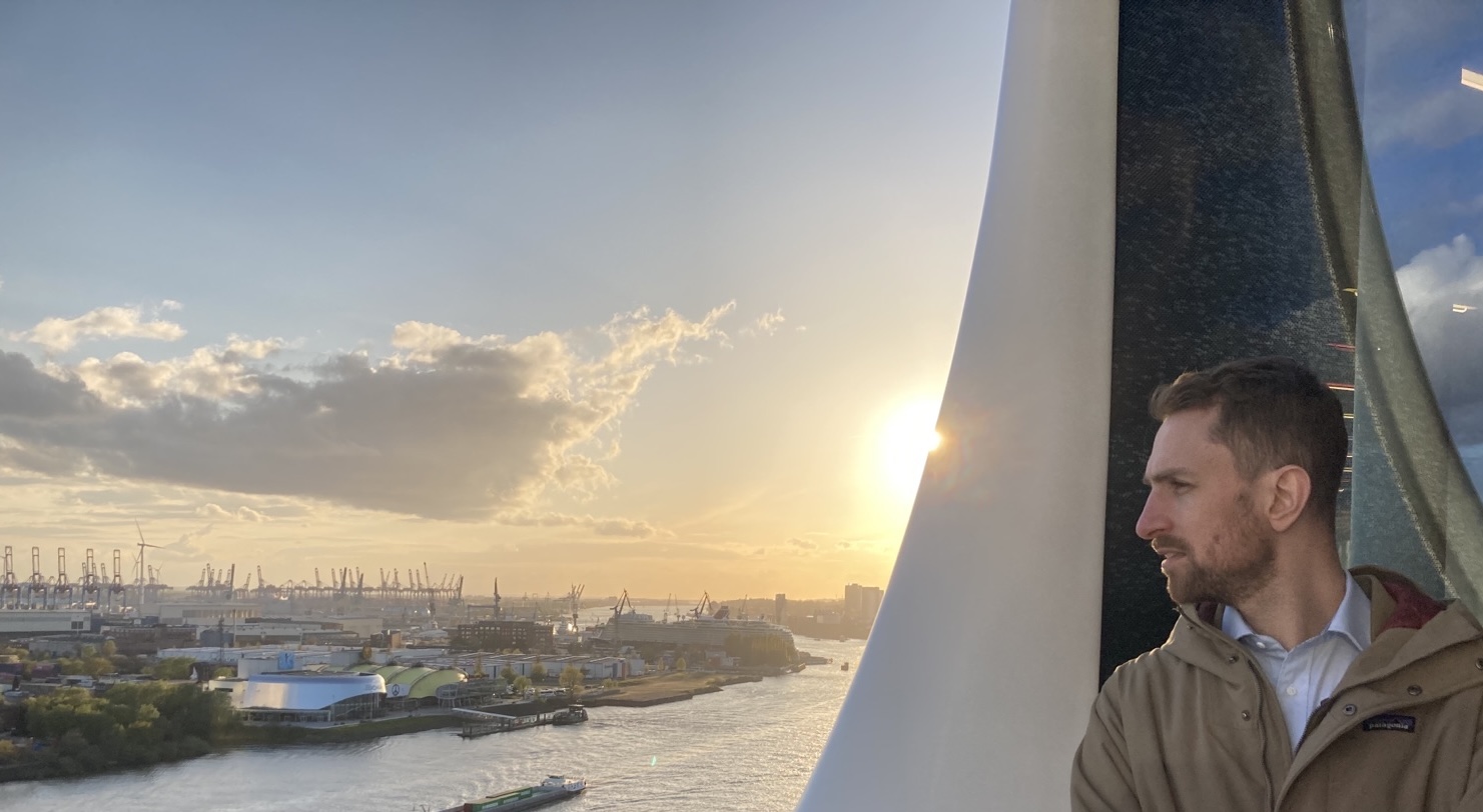 Looking into the sunset over the port of Hamburg, Germany
