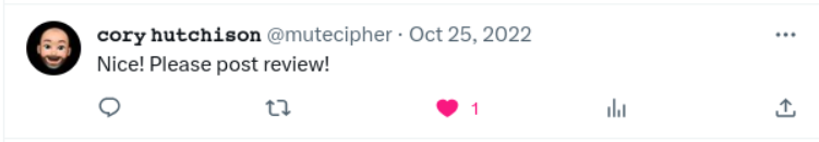 Cory Hutchison on Twitter, asking for a review of my new laptop.