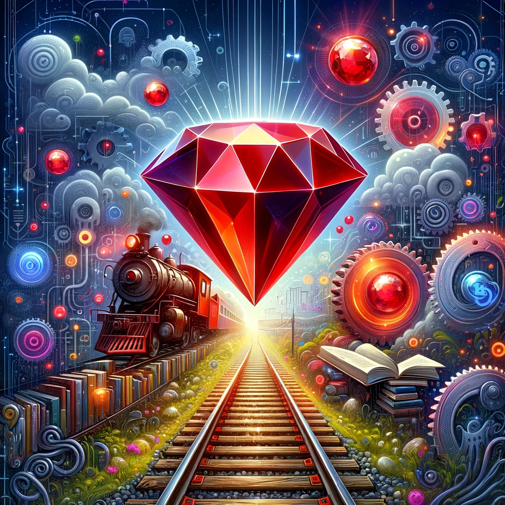 Railway tracks, a big Ruby, and a lot of books. Generated with GPT-4.
